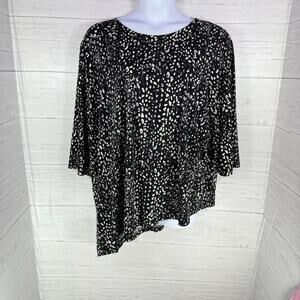 Maggie Barnes 3X Plus black geo short sleeve asymmetrical career blouse capsule